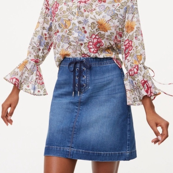 Ann Taylor Loft Lace Tie Up Denim Jean Skirt - Picture 1 of 6